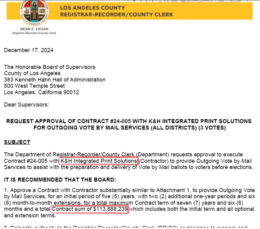Contract for Printing and Mailing Ballots Susan Shelley Calculates the Cost of Universal Ballot Mailing